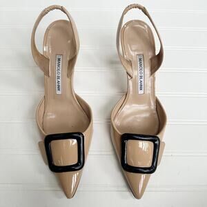 Manolo Blahnik Maysale Slingback Tan Patent Leather Heels Black Buckle Pumps 38